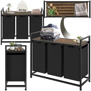 Dual Laundry Basket - 2 pull out compartments, wooden folding shelf & high capacity - black/brown