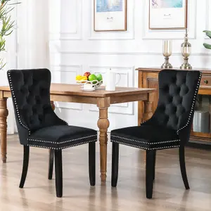 Set of 6 Lux Velvet Kitchen Dining Chairs with Pull Knocker Ring Back Black Home Office Bedroom Chairs