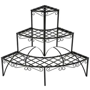 Plant Stand- 3 tiers, corner, fan-shaped design, 60 x 60 x 60 cm - black