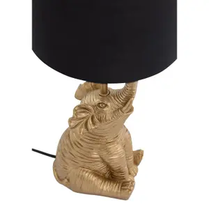 First Choice Lighting Elephant Gold Resin Table Lamp With Black Fabric Shade