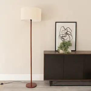 ValueLights Heather Dark Wood Stem Floor Lamp with Natural White Trim Drum Shade and LED Bulb