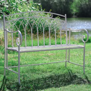 Vintage Cream Iron Arched Back Outdoor Garden Furniture Bench with Free Grey Seat Pad Cushion