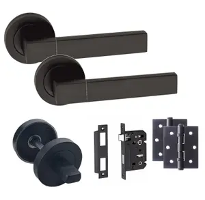 Golden Grace 1 Set of Capri Design Matt Black Finish Door Handle Pack for Bathrooms with Matching Lock, Hinges and Thumbturn