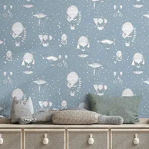 Grandeco Hot Air Balloon Airships Nursery Textured Wallpaper , Blue