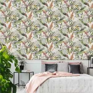 Belgravia Tropical Animal Garden Jungle Floral Palm Grey Green Pink Wallpaper