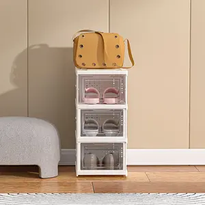 3 Tier 3 Compartment White Stackable Foldable Shoe Storage Box Unit for Home Hallway and Corner