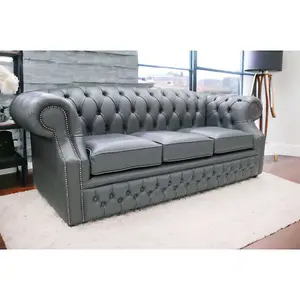 Chesterfield 3 Seater Vele Charcoal Grey Leather Sofa In Buckingham Style