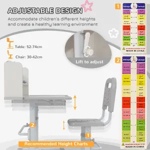 ZONEKIZ Height Adjustable Kids Desk and Chair Set, with Drawer, Bookshelf, Grey