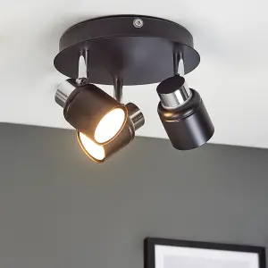 ValueLights Benton Modern Black 3 Way Round Plate Ceiling Spotlight