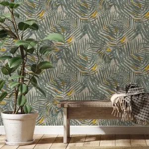 GoodHome Perod Beige & teal Palm leaves Textured Wallpaper