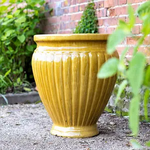 Primrose Rib Textured Glazed Terracotta Round Planter In Gloss Yellow 65cm