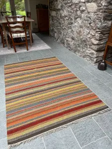 Ooty Kilim Rug Handmade in Rich Wool Multi Colour Stripes / 120 cm x 180 cm