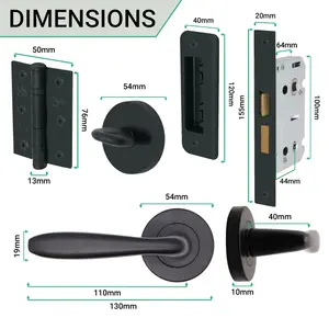 EAI - Sassari Lever on Rose Handle Bathroom Kit / Pack - 64mm Bathroom Lock - 76mm Hinge - Matt Black