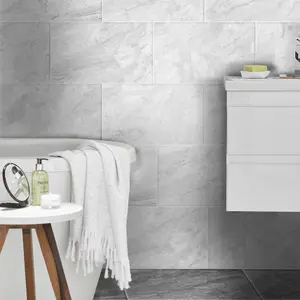 Haver Light grey Matt Travertine effect Ceramic Indoor Wall & floor Tile, Pack of 6, (L)600mm (W)300mm