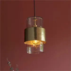 Hanging Ceiling Pendant Light - Hammered Brass Plate & Textured Clear Glass - 10W LED E27