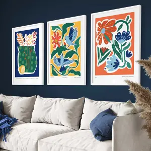 Set of 3 Artisan Floral Wall Art Prints in Bright Colours / 42x59cm (A2) / Black Frame