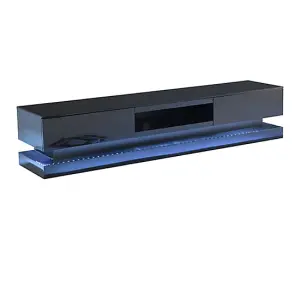 Step TV Stand With Storage for Living Room and Bedroom, 1800 Wide, LED Lighting, Media Storage, Black High Gloss Finish