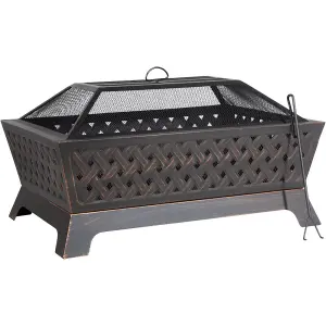 Modern Rectangular Black Fire Pit - Stylish Outdoor Wood Burner with Mesh Lid