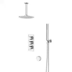 Flora Round 3 Way Concealed Thermostatic Shower Mixer Valve, Shower Head, Arm, Handset, Bath Filler Set Chrome