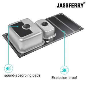 JASSFERRY Glossy Black Glass Top Kitchen Sink Stainless Steel 1.5 Bowl Right Hand Drainer