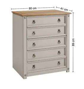 Mercers Furniture Corona Grey Wax Small 5 Drawer Chest of Drawers Solid Pine with Mexican Styling