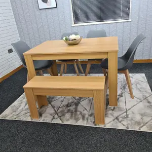 Dining Table and 4 Chairs With Bench Oak Effect Wood 4 Grey Plastic Leather Chairs Dining Room