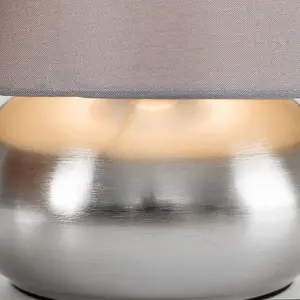 ValueLights Pair of - Chrome Touch Table Lamps with Grey Shades - Complete with 5w LED Dimmable Candle Bulbs 3000K Warm White