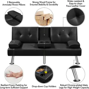 Astro Black PU Leather Sofa Bed - Chrome Legs-Cup holders, 3-Seater Multipurpose Couch/ Sofa