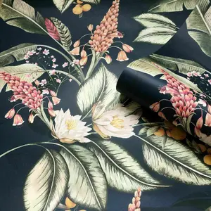 Belgravia Paradise Garden Tropical Jungle Floral Navy Green Cream Pink Wallpaper