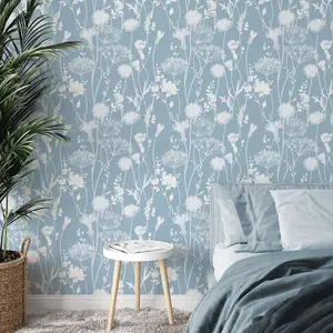 Catherine Lansfield Meadowsweet Floral Wallpaper Blue Muriva 165583