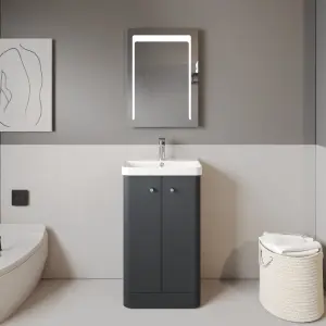 Floor Standing 2 Door Vanity Unit with Ceramic Basin - 500mm - Soft Black