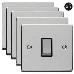 5 PACK - Polished Chrome 10A 1 Gang 2 Way Ingot Light Switch - Black Trim - SE Home