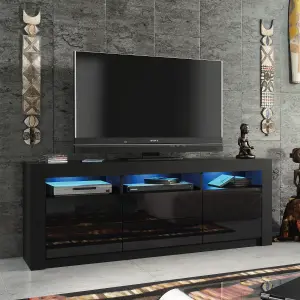 Shine TV Unit 160cm Black with High Gloss Doors and LED Lighting - Creative Furniture