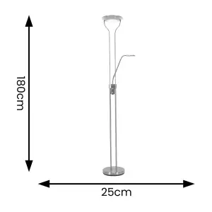 ValueLights Beata Brushed Chrome Integrated LED Uplighter Floor Lamp with Task Reading Side Lamp