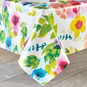 Outdoor PVC Tablecloth - Home or Garden Dining Table Cover with Parasol Hole - Round, 135cm Diameter, Watercolour Floral