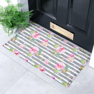 Grey Striped Peony Indoor & Outdoor Doormat - 70x40cm