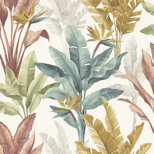 Rasch Akari Madagascar Leaf Wallpaper Tropical Banana Palm Tree Leaves Flowers Multi Colour 282879