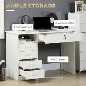 HOMCOM Computer Desk Writing Desk with Five Drawers for Home Office White