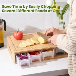 Versatile Bamboo Cutting Board with 4 Containers and Graters - Large Chopping Board with Juice Grooves, Easy-Grip Handles