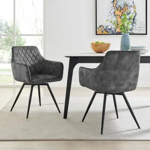 Grey Velvet Swivel Dining Chair With Black Legs Set Of 2