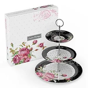 London Boutique 3 Tier Cake Stands Afternoon Tea Cake Stand Plates New Bone China Vintage Flora Gift for Her (Black)