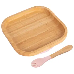 Bamboo Square Baby Weaning Plate & Fork Set - Pastel Pink