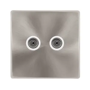 Brushed Steel Screwless Plate 2 Gang Twin Coaxial TV Socket - White Trim - SE Home