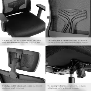 Office Chair Phoebe - ergonomic shape, lumbar support, adjustable headrest - black