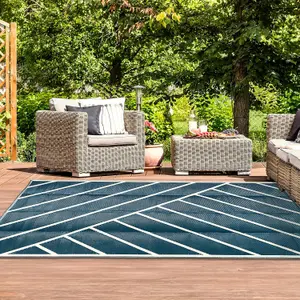 Extra Large Garden Outdoor Rug For Patio, Royal Blue & Cream Geo-Lines Waterproof Garden Rug 180 x 270cm