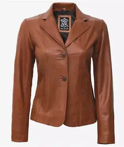 Womens Two Button Brown Leather Blazer - Casual Leather Jacket Blazer In UK