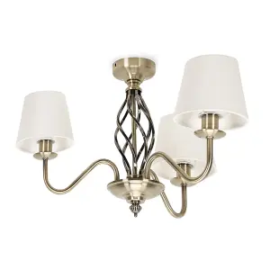 ValueLights Memphis Traditional Antique Brass 3 Light Ceiling Light Chandelier with Fabric Lampshades - Bulbs Included