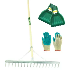 Pegdev - PDL - 18 Tooth Aluminium Landscape Rake with Leaf Scoop Grab & Gardening Gloves (Med/Large) - Garden Tool Set.