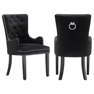 Set of 2 Windsor Knocker Back Dining Chairs Velvet Dining Room Chair w/ Armrest, Black