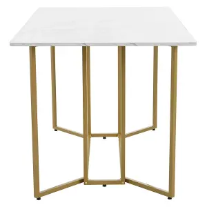 Unique Metal Frame Rectangular Dining Table in Modern Marble Pattern Kitchen Table with Adjustable Feet, White/Golden